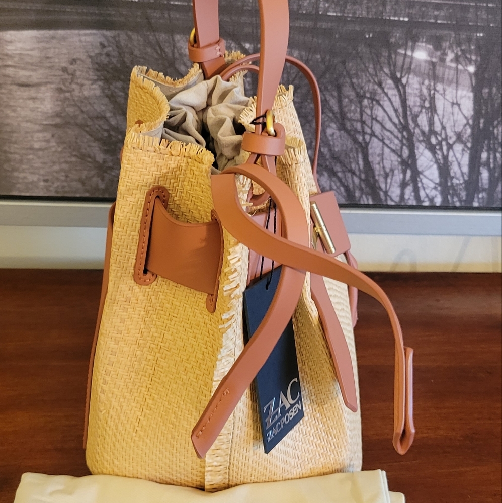 Zac Posen Brigette Belted Raffia Leather Bucket Bag - Picture 4 of 12